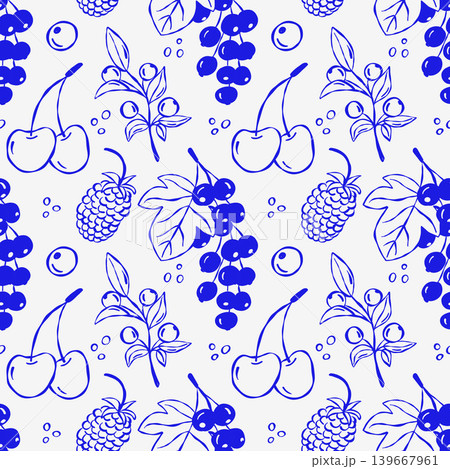 Hand-drawn berries pattern in blue ink with cherries, raspberries, mulberry, currant Hand-drawn berries pattern in blue ink with cherries, raspberries, mulberry, currant 139667961