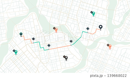 Location tracker dashboard with data of arrive. City street road with pins on map. Street roads and location, vector background. Huge city top view Location tracker dashboard with data of arrive. City street road with pins on map. Street roads and location, vector background. Huge city top view 139668022
