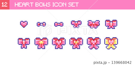 Pixel Art Heart Bows Icon Set. Retro 8 Bit Pink Ribbon, Bow, Heart and Gift Decoration Vector Illustration Pixelated Y2k Pack for Game Assets UI, Stickers and Valentine Design 139668042