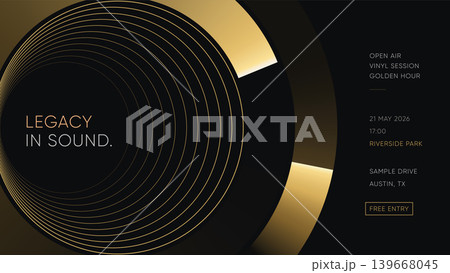 Black and gold circle abstract fashion event poster template with geometric rings on dark background Black and gold circle abstract fashion event poster template with geometric rings on dark background 139668045