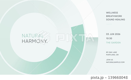 Mint green circle abstract wellness event poster template with geometric rings on light background Mint green circle abstract wellness event poster template with geometric rings on light background 139668048