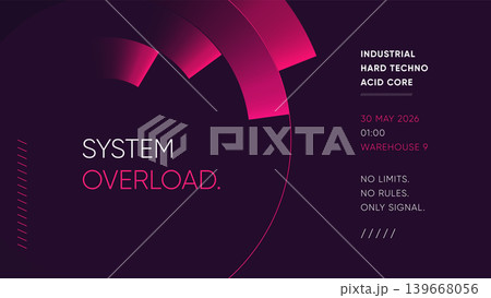 Pink circle abstract techno music poster template with neon rings on dark background Pink circle abstract techno music poster template with neon rings on dark background 139668056