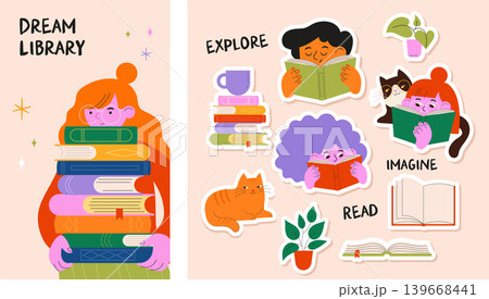 Woman with stack of books library poster. Children and cats reading books stickers. Book fair and 139668441