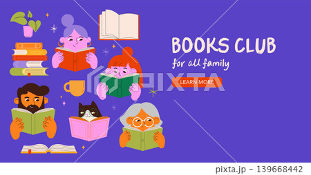 Book club for all family cute colorful vector poster and banner template. Doodles series for book Book club for all family cute colorful vector poster and banner template. Doodles series for book 139668442