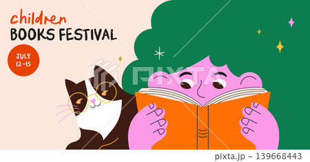 Young child and cat reading book colorful flat vector illustration and background. Children book 139668443