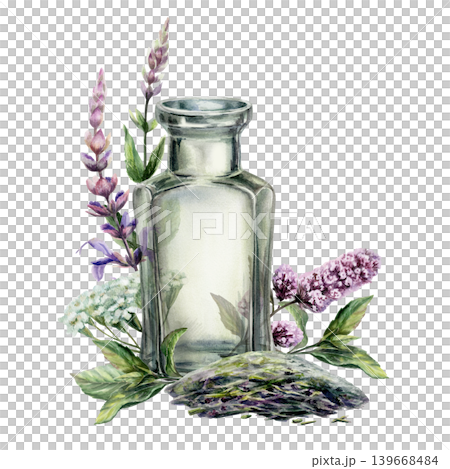 Sage, mint and yarrow with vintage glass bottle watercolor. Isolated apothecary jar, herbal bouquet and dry tea heap for organic calming beverage packaging, traditional medicine branding Sage, mint and yarrow with vintage glass bottle watercolor. Isolated apothecary jar, herbal bouquet and dry tea heap for organic calming beverage packaging, traditional medicine branding 139668484