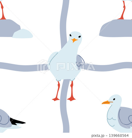 Seamless Pattern with Seagulls Sitting on Rocks. Marine Bird Vector Background 139668564