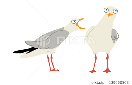 Two Grumpy Cartoon Seagulls. One Bird Yelling at Another Isolated on White. 139668568