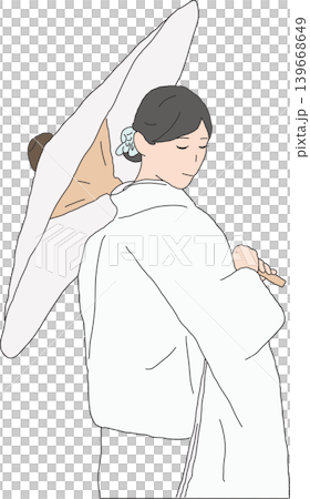 身穿白色和服、手持傳統日式雨傘的新娘。 身穿白色和服、手持傳統日式雨傘的新娘。 139668649