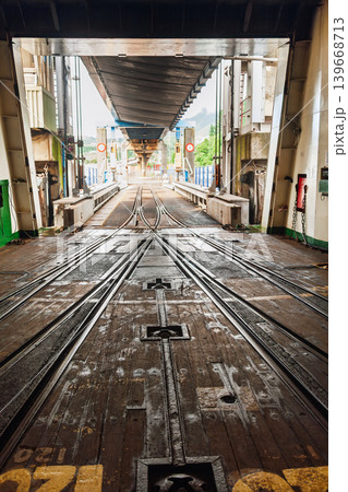 Ferry loading ramp with railway tracks 139668713