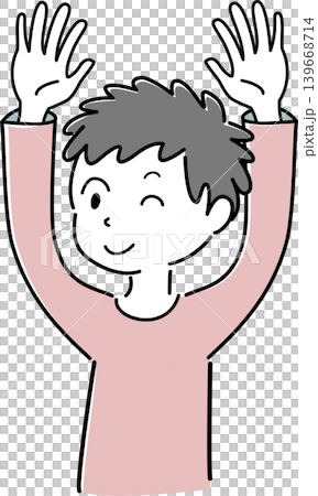 ウインクして笑いながら両手を挙げる男性の上半身シンプルイラスト（喜び・達成・元気・人物） 139668714