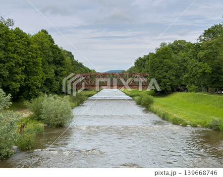 Old Rusty Metal Bridge Crossing River Green Forest Old Rusty Metal Bridge Crossing River Green Forest 139668746