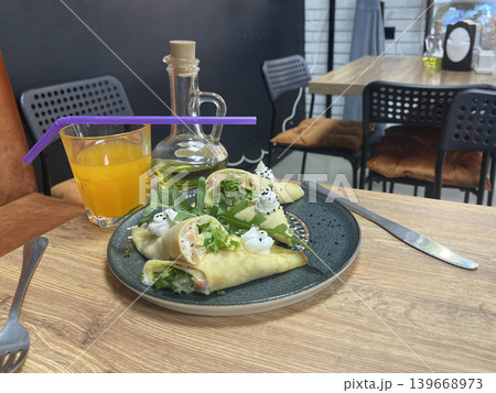 a plate of pancakes on a table with a fork and knife a plate of pancakes on a table with a fork and knife 139668973