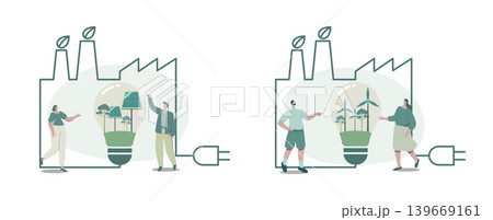 Set of eco friendly and sustainable development, Solar panels and wind turbines in light bulbs with green plants in lines, ecological concept, Conservation of nature and the environment on earth. Set of eco friendly and sustainable development, Solar panels and wind turbines in light bulbs with green plants in lines, ecological concept, Conservation of nature and the environment on earth. 139669161