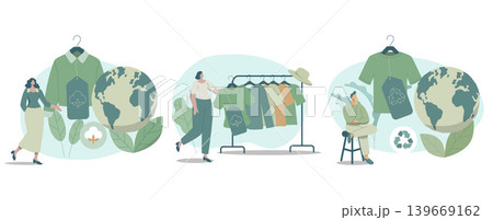 Set of eco friendly clothing sustainable, People choose to buy recycled textiles, recycling and environmental care concepts regarding fashion. Vector design illustration. Set of eco friendly clothing sustainable, People choose to buy recycled textiles, recycling and environmental care concepts regarding fashion. Vector design illustration. 139669162