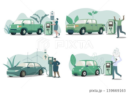 Set of electric car electric pickup with electric charging station, Eco friendly sustainable, Clean green energy from renewable sources, Concept of caring for the environment on earth. Vector design. Set of electric car electric pickup with electric charging station, Eco friendly sustainable, Clean green energy from renewable sources, Concept of caring for the environment on earth. Vector design. 139669163