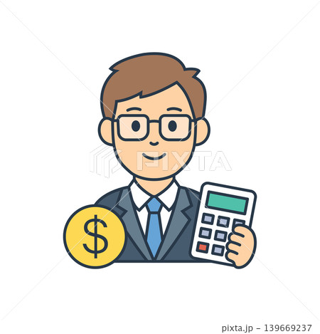 Businessman with calculator and money icon in flat outline stroke style. Male accountant vector illustration on isolated background. Financial report sign business concept. 139669237