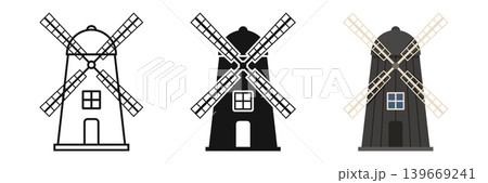 Windmill building icon set collection in flat style. Wind energy vector illustration on isolated background. Farming agriculture sign business concept. 139669241