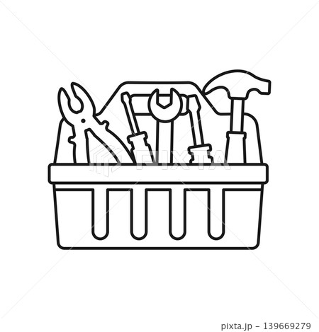 Toolbox icon in flat outline stroke style. Container with construction and repair instrument vector illustration on isolated background. Toolkit sign business concept. 139669279