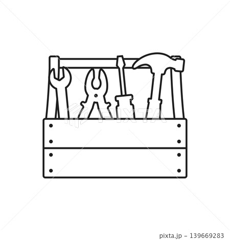 Toolbox icon in flat outline stroke style. Container with construction and repair instrument vector illustration on isolated background. Toolkit sign business concept. Toolbox icon in flat outline stroke style. Container with construction and repair instrument vector illustration on isolated background. Toolkit sign business concept. 139669283