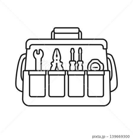Toolbox icon in flat outline stroke style. Container with construction and repair instrument vector illustration on isolated background. Toolkit sign business concept. Toolbox icon in flat outline stroke style. Container with construction and repair instrument vector illustration on isolated background. Toolkit sign business concept. 139669300