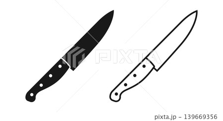 Kitchen knife icon in flat silhouette style. Cutting tool vector illustration on isolated background. Cooking equipment sign business concept. Kitchen knife icon in flat silhouette style. Cutting tool vector illustration on isolated background. Cooking equipment sign business concept. 139669356
