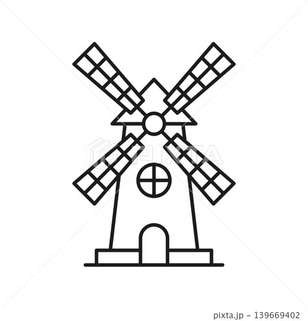 Windmill building icon in flat outline stroke style. Wind energy vector illustration on isolated background. Farming agriculture sign business concept. 139669402