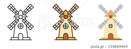Windmill building icon set collection in flat style. Wind energy vector illustration on isolated background. Farming agriculture sign business concept. Windmill building icon set collection in flat style. Wind energy vector illustration on isolated background. Farming agriculture sign business concept. 139669404