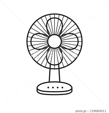 Electric fan silhouette icon in flat outline stroke style. Cooler device vector illustration on isolated background. Air ventilator sign business concept. 139669411