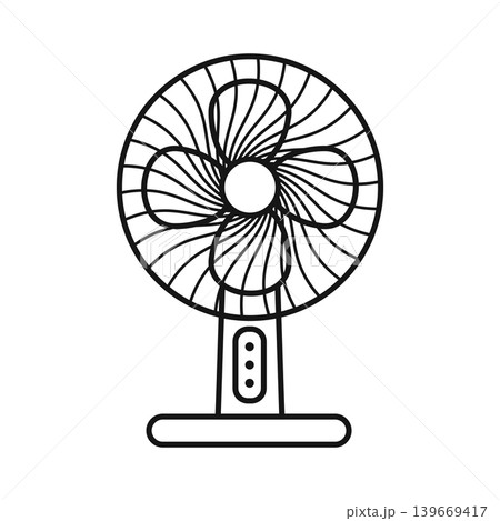 Electric fan silhouette icon in flat outline stroke style. Cooler device vector illustration on isolated background. Air ventilator sign business concept. Electric fan silhouette icon in flat outline stroke style. Cooler device vector illustration on isolated background. Air ventilator sign business concept. 139669417