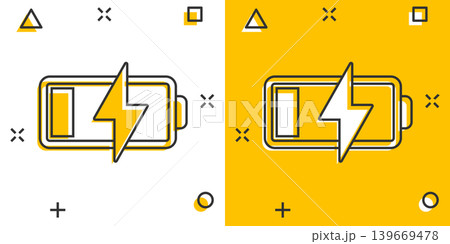 Battery charge icon in comic style. Power level cartoon vector illustration on white isolated background. Lithium accumulator splash effect business concept. 139669478