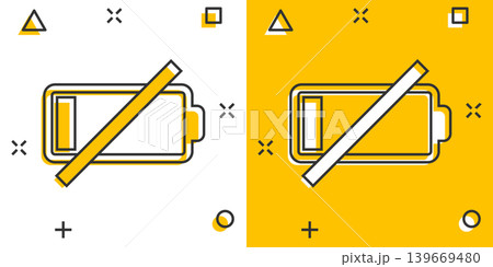 Battery charge icon in comic style. Power level cartoon vector illustration on white isolated background. Lithium accumulator splash effect business concept. Battery charge icon in comic style. Power level cartoon vector illustration on white isolated background. Lithium accumulator splash effect business concept. 139669480