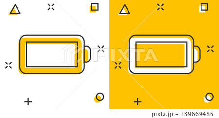 Battery charge icon in comic style. Power level cartoon vector illustration on white isolated background. Lithium accumulator splash effect business concept. 139669485