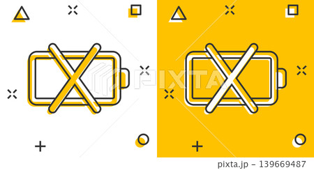 Battery charge icon in comic style. Power level cartoon vector illustration on white isolated background. Lithium accumulator splash effect business concept. 139669487