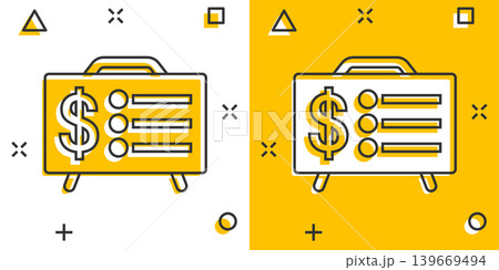 Financial presentation icon in comic style. Money analysis cartoon vector illustration on white isolated background. Marketing chart splash effect business concept. Financial presentation icon in comic style. Money analysis cartoon vector illustration on white isolated background. Marketing chart splash effect business concept. 139669494