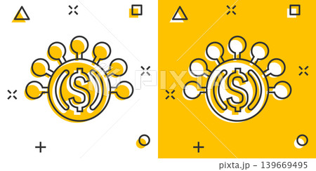 Money revenue icon in comic style. Dollar coin cartoon vector illustration on white isolated background. Finance structure splash effect business concept. Money revenue icon in comic style. Dollar coin cartoon vector illustration on white isolated background. Finance structure splash effect business concept. 139669495