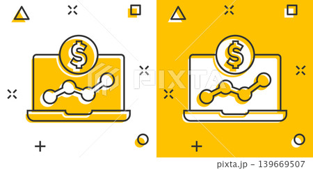 Laptop computer chart icon in comic style. Money diagram cartoon vector illustration on white isolated background. Financial process splash effect business concept. 139669507