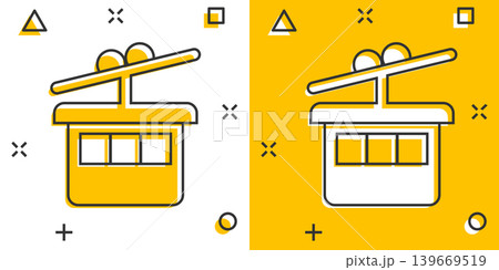 Cable car icon in comic style. Elevator cabin cartoon vector illustration on white isolated background. Cableway splash effect business concept. 139669519