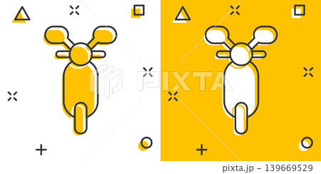 Motorbike icon in comic style. Scooter cartoon vector illustration on white isolated background. Moped vehicle splash effect business concept. Motorbike icon in comic style. Scooter cartoon vector illustration on white isolated background. Moped vehicle splash effect business concept. 139669529