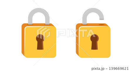 Locked and unlocked padlock icon in flat style. Privacy vector illustration on isolated background. Protection and secure sign business concept. Locked and unlocked padlock icon in flat style. Privacy vector illustration on isolated background. Protection and secure sign business concept. 139669621