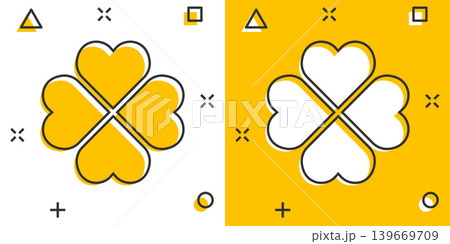 Four leaf clover icon in comic style. St Patricks Day cartoon vector illustration on white isolated background. Flower shape splash effect business concept. Four leaf clover icon in comic style. St Patricks Day cartoon vector illustration on white isolated background. Flower shape splash effect business concept. 139669709