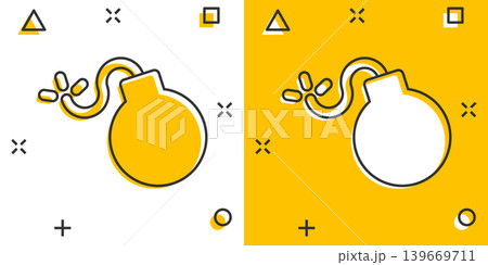 Bomb icon in comic style. Dynamite cartoon vector illustration on white isolated background. C4 tnt splash effect business concept. Bomb icon in comic style. Dynamite cartoon vector illustration on white isolated background. C4 tnt splash effect business concept. 139669711
