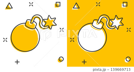 Bomb icon in comic style. Dynamite cartoon vector illustration on white isolated background. C4 tnt splash effect business concept. Bomb icon in comic style. Dynamite cartoon vector illustration on white isolated background. C4 tnt splash effect business concept. 139669713