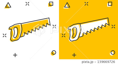 Saw blade icon in comic style. Working tools cartoon vector illustration on white isolated background. Hammer splash effect business concept. 139669726