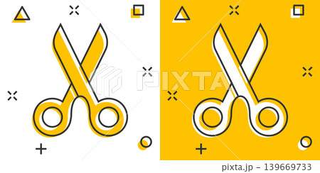 Scissor icon in comic style. Cut equipment cartoon vector illustration on white isolated background. Cutter splash effect business concept. 139669733