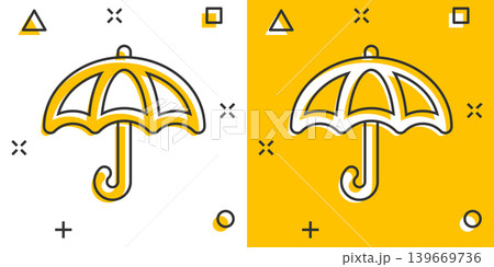 Umbrella icon in comic style. Parasol cartoon vector illustration on white isolated background. Canopy splash effect business concept. Umbrella icon in comic style. Parasol cartoon vector illustration on white isolated background. Canopy splash effect business concept. 139669736
