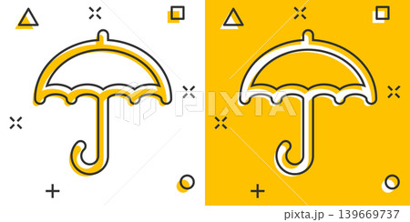 Umbrella icon in comic style. Parasol cartoon vector illustration on white isolated background. Canopy splash effect business concept. Umbrella icon in comic style. Parasol cartoon vector illustration on white isolated background. Canopy splash effect business concept. 139669737