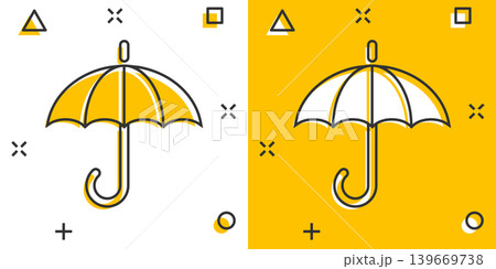 Umbrella icon in comic style. Parasol cartoon vector illustration on white isolated background. Canopy splash effect business concept. Umbrella icon in comic style. Parasol cartoon vector illustration on white isolated background. Canopy splash effect business concept. 139669738