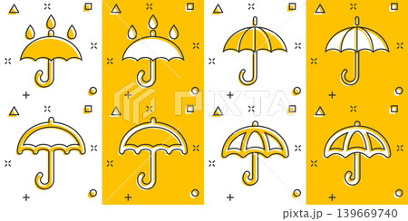 Umbrella icons set in comic style. Parasol cartoon vector illustration on white isolated background. Canopy collection splash effect business concept. Umbrella icons set in comic style. Parasol cartoon vector illustration on white isolated background. Canopy collection splash effect business concept. 139669740