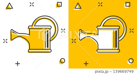 Water can icon in comic style. Irrigation garden cartoon vector illustration on white isolated background. Watering splash effect business concept. Water can icon in comic style. Irrigation garden cartoon vector illustration on white isolated background. Watering splash effect business concept. 139669749